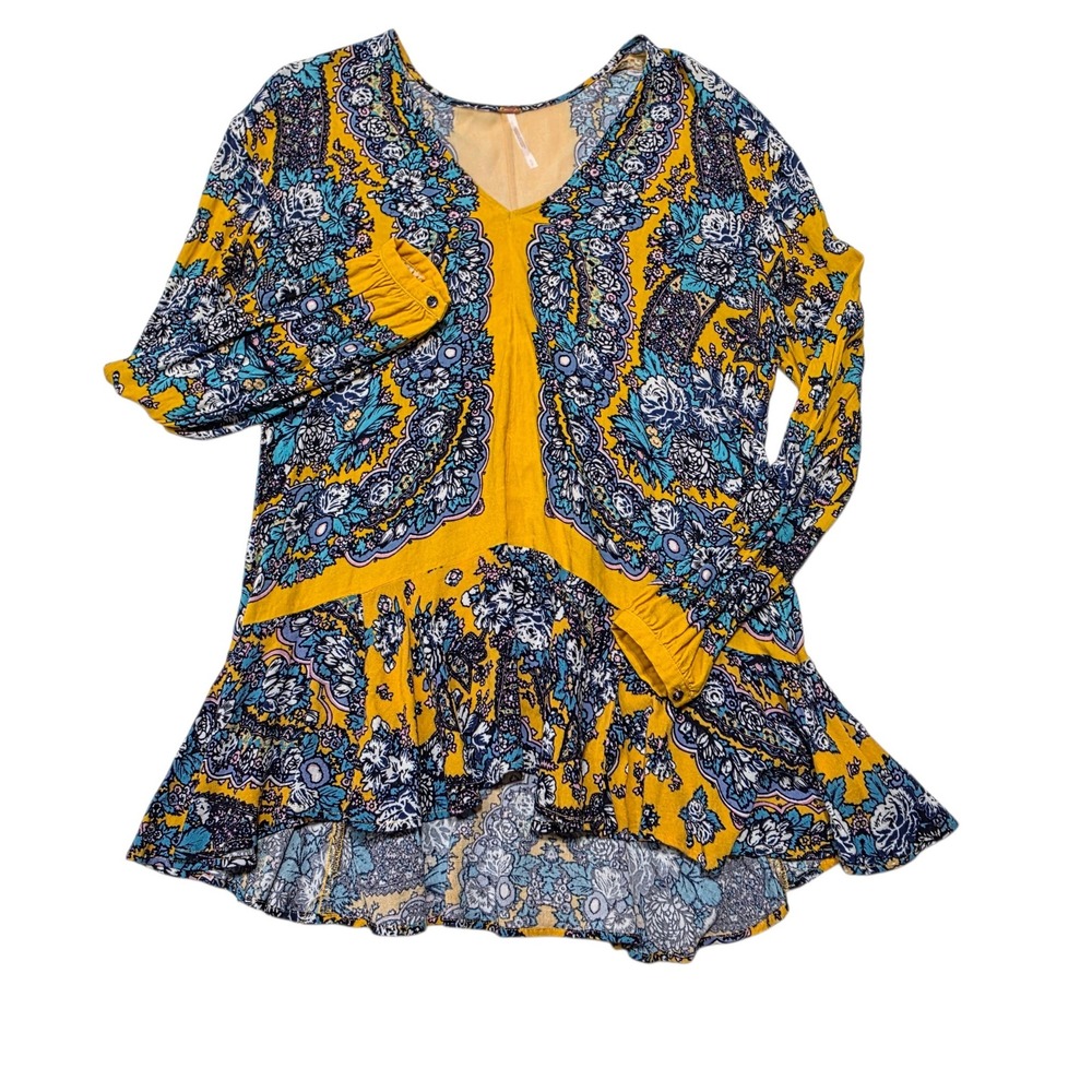 Free People OB761348 Tunic Top Womens Small Yellow Rayon Floral Peplum
